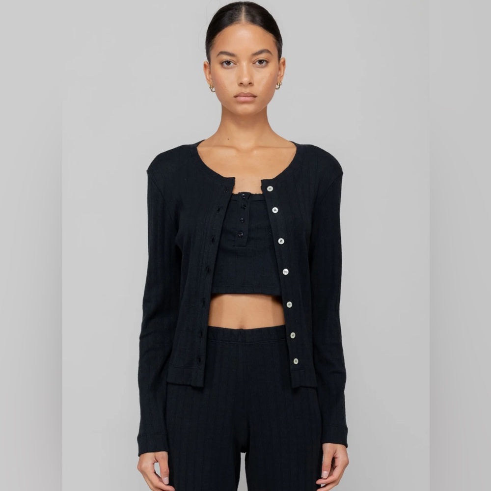 Leset Classic Crew Pointelle Cardigan in Black - Size XL - Extra Large